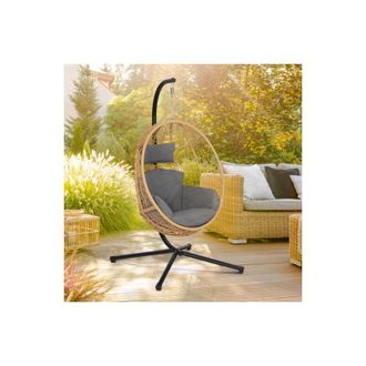 IDMarket Idmarket - Sill&oacute;n Colgante Calado Efecto Rat&aacute;n Con Forma De Huevo Y Coj&iacute;n Gris