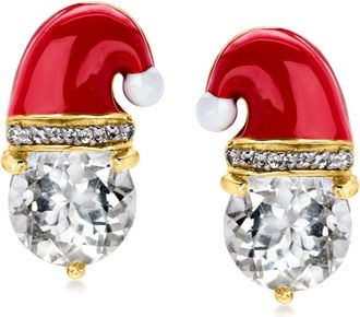 Ross-Simons White Topaz and Multicolored Enamel Santa Hat Earrings in 18kt Gold Over Sterling