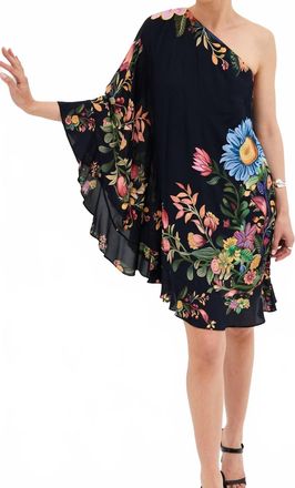 Borgo De Nor Sheye Viscose Crepe Mini One Shoulder Printed Dress In Sierra Placement Black