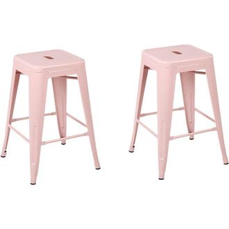 Beliani Beliani - Set of 2 Modern Dining Room Living Room Steel Bar Stools 60 cm Pink Cabrillo