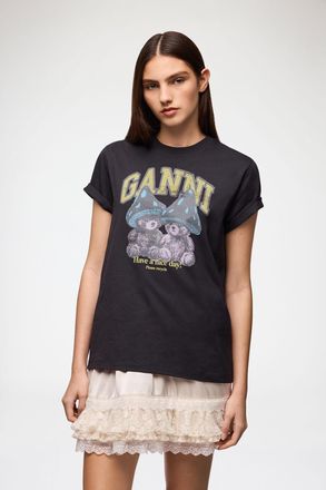 Ganni Mixed T-shirt with Mushroom Teddy - Size XXS Organic Cotton
