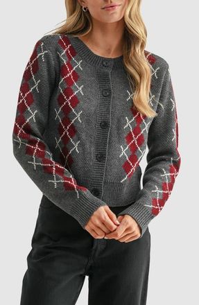 All in Favor Argyle Crewneck Cardigan in Charcoal Wine at Nordstrom, Size X-Large