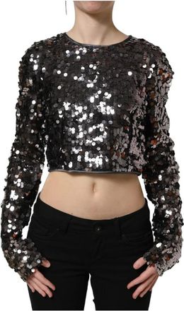 Dolce & Gabbana Gekralde Crop Top met Lange Mouwen - Dames - Blouses - Zwart - S - Nylon - Overhemden
