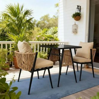 Home Source Industries Patio Garden Bistro Set 3 Piece Rattan Furniture Table & Chairs in Black