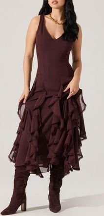 ASTR the Label Philomene Ruffle Detail Midi Dress in Eggplant at Nordstrom, Size X-Small
