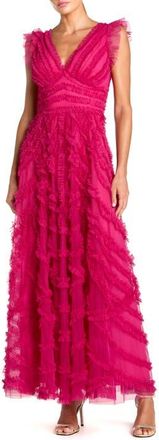 Mac Duggal V-Neck Cap Sleeve Ruffle Maxi Dress in Fuchsia at Nordstrom, Size 10