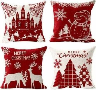 OEM Juego De 4 Fundas De Coj&iacute;n Navide&ntilde;as De Algod&oacute;n Y Lino, Funda De Almohada Navide&ntilde;a De Invierno Con Dise&ntilde;o De Renos, Castillo Y Mu&ntilde;eco De Nieve, Decora