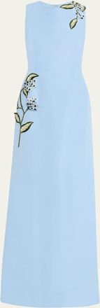 Oscar De La Renta Sleeveless Porcelain Flowers Embroidered Faille Gown