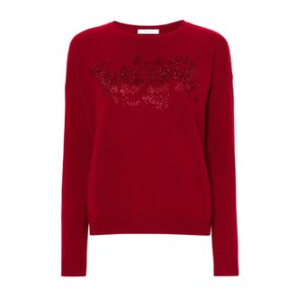 Max Mara Round-neck Knitwear, female, Red, M, Stud Embroidered Wool Cashmere Jumper