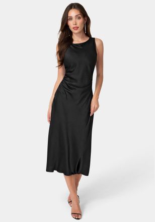Bebe Crushed Satin High Neck Shirred Maxi Dress