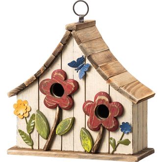 Glitzhome Distressed Solid Wood Birdhouse with 3D Flowers in White at Nordstrom, Size Medium