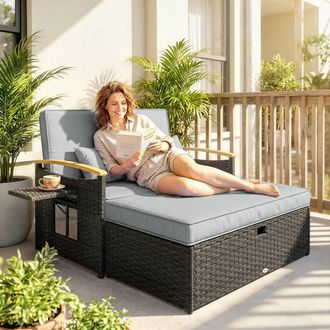 OUTSUNNY Double Garden Rattan Daybed with Storage Ottoman, Dark Grey | Size: 120 cm x 70 cm