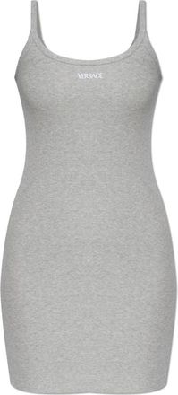 Versace Kleedjes, Dames, Grijs, XL, Katoen, Geborduurde Geribbelde Katoenen Mini Jurk