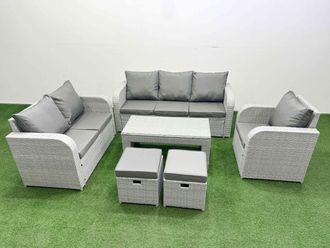 Fimous Patio PE Wicker 8 Seater Outdoor Rattan Furniture Sofa Sets w/ Oblong Coffee Table Reclining Chair Loveseat Sofa 3 Seater Sofa Stool Light Grey
