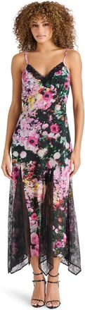 Steve Madden Delia Maxi Dress Womens Black Floral Handkerchief Hem PALL63