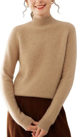 Dissa Women Cashmere Jumper Dark Camel Mock Neck Knitted Jumper Long Sleeve Relaxed Cashmere&Wool Thick Plain Ladies Sweater,UK 10,MH559