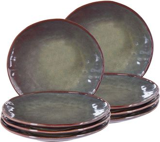 Beliani Conjunto De 8 Platos Llanos Grandes De Postre De Gres Caol&iacute;n Artesanal Acabado Esmalte Reactivo Verde Oscuro Thyme
