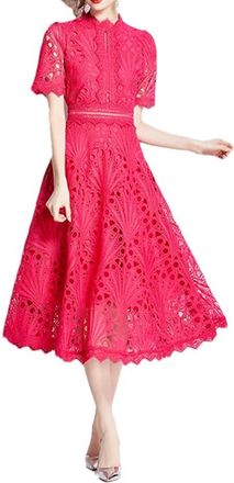 Generic Womens Lace Flower Embroidered Dress Short Sleeve Hollow Waist Mock Neck A-Line Midi Dresses Rose L