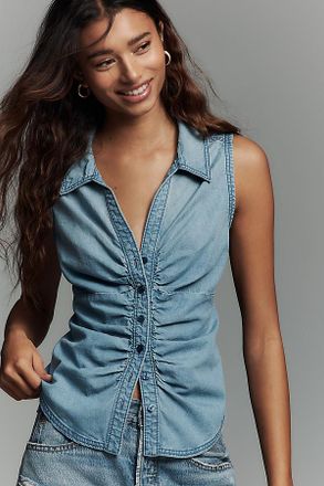 Pilcro Ruched Sleeveless Denim Buttondown Top