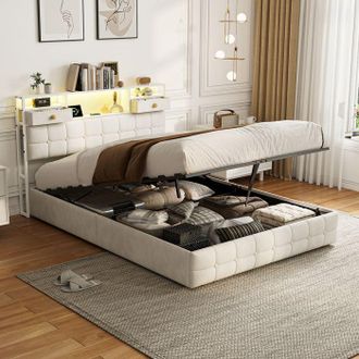 OEM Cama Doble Con Almacenamiento - Terciopelo Beige 140x200 - Cofre Hidr&aacute;ulico - Led Rgb - Puertos Usb - Somier Incluido