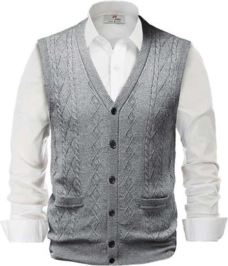 Generic Mens Gilets V Neck Sleeveless Jumper Vest Mens Sleeveless Knitted Tank Tops Jumper Classic Casual Knitted Gilet Slim Fit Diamond Pattern Knitwear