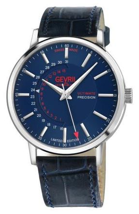 Gevril Group Guggenheim Ultra Thin Automatic Leather Strap Watch in Blue at Nordstrom Rack