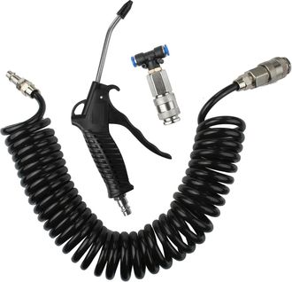 OEM Kit De Pistola De Aire Comprimido, Color Negro, Con Manguera Espiral De Pu De 5 M, Boquilla De Acero Inoxidable, Conector R&aacute;pido + Conector En T, V&aacute;lv