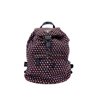 Prada Geometric Print Nylon Backpack Navy Red