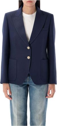 Valentino Garavani Jassen, Dames, Blauw, S, Wol, Wol Zijde Crepe Blazer Juweelknopen