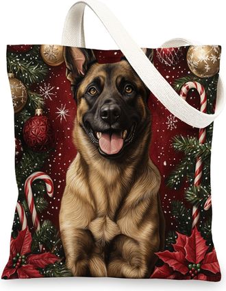 Generic Christmas Belgian Malinois Dog Canvas Tote Bag for Shopping 13x15, Xmas Candy Poinsettia Puppy Reusable Grocery Print Bag for Women, Holiday Pet Beach