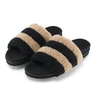 Roam Womens Fuzzy Stripes Slides In Beige & Black Faux Shearling