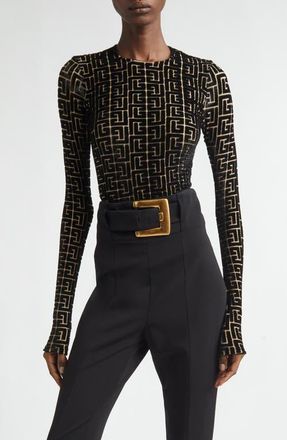 Balmain Monogram Jacquard Devor&eacute; Velvet Top in Ead Black/Gold at Nordstrom, Size 2