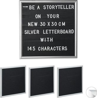 Relaxdays Set of 4 Relaxdays Framed Letter Boards, Incl. 580 Letters, Numbers & Special Characters, Message Board, 30x30cm, Silver