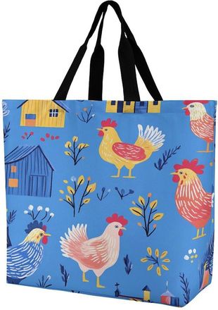 Generic Colorful Roosters Pattern Large Reusable Shopping Bag Lightweight Foldable Tote Bags Washable Shoulder Handbag