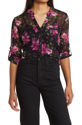 Kut from the Kloth Jasmine Chiffon Button-Up Shirt in Chelles Bouquet Black Purple at Nordstrom Rack, Size Small