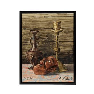 Artery8 Candlestick Vase Mask Still Life Framed Canvas Wall Art Print Schiele in Brown | Size: W24 x H32