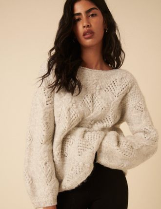 Nobody's Child Light Grey Slash Neck Bobble Stitch Oversized Jumper