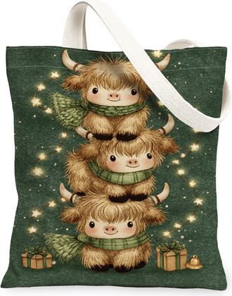 Generic Cute Animal Canvas Tote Bags, Highland Cattle Design Reusable Grocery Bags, Winter Green Lightweight Washable Shoulder Stra, Green, 13x15 Inch