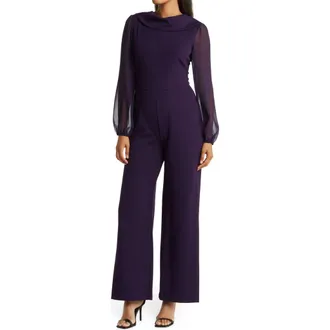 Connected Chiffon Long Sleeve Jumpsuit in Eggplant at Nordstrom Rack, Size 14