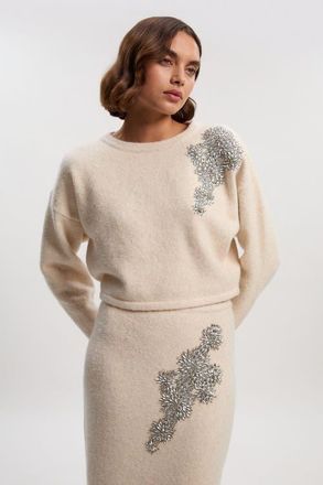 Karen Millen Wool Embellished Crew Neck Jumper in Cream at Nordstrom, Size Medium