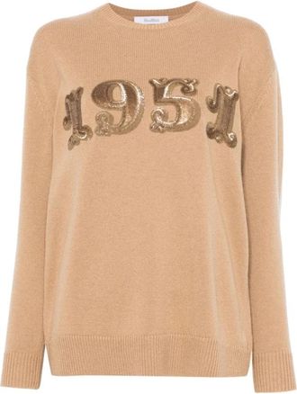 Max Mara Camelbruine trui van wol-cashmere met paillettendetails - Dames - Ronde hals truien - Bruin - XS - Wol - Truien & Vesten