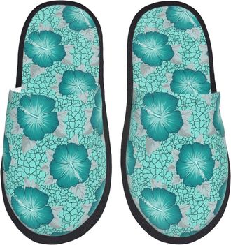 Generic Plush House Slipper Blue Hibiscus Flower Fluffy Slipper Breathable Hotel Slippers for Travel Hotels Guest M
