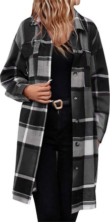 Generic Plaid Shacket Womens Long Lapel Collar Flannel Jackets Button Down Fall Casual Oversized Trench Coats with Pockets Fashion Tartan Overcoat Work Office