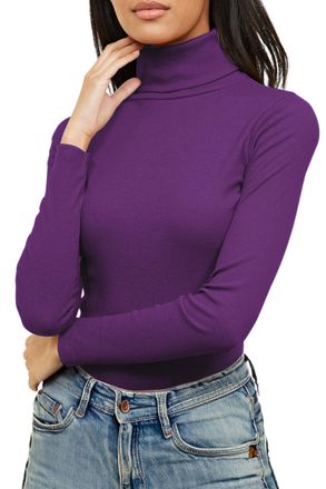 Re Tech UK Ladies Plain Ribbed Cotton Polo Turtle Roll Neck Tunic Top Jumper Full Sleeve, Purple, L/XL 16-18 Plus Size