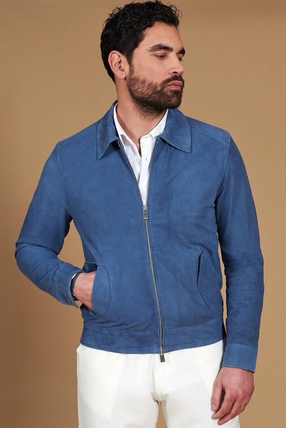 Giacca in camoscio denim blu con colletto camicia impunturato a mano DArienzo, Seleziona Taglia 54, Colore Blu
