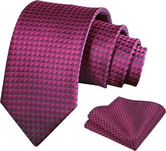 Alizeal Mens Solid Color Necktie and Pocket Square for Business Formal Classic Elegant Check Tie and Hanky Set, Magenta
