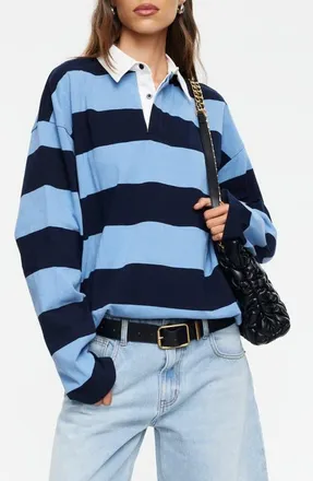 Lioness Outbound Oversize Stripe Jersey Cotton Long Sleeve T-Shirt in Navy at Nordstrom, Size X-Small