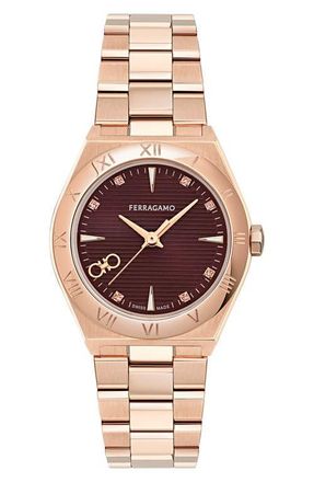 Ferragamo Vega Upper East 2 Diamond Bracelet Watch, 28mm in Ip Rose Gold at Nordstrom