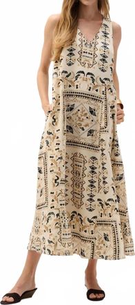 Joseph Ribkoff Linen Scarf Print Maxi A-Line Dress In Beige/multi