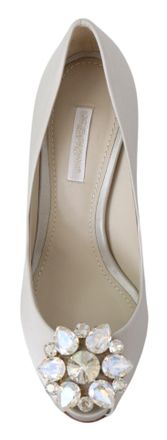 Dolce & Gabbana Womens White Crystals Peep Toe Heels Satin Pumps Shoes Viscose Silk